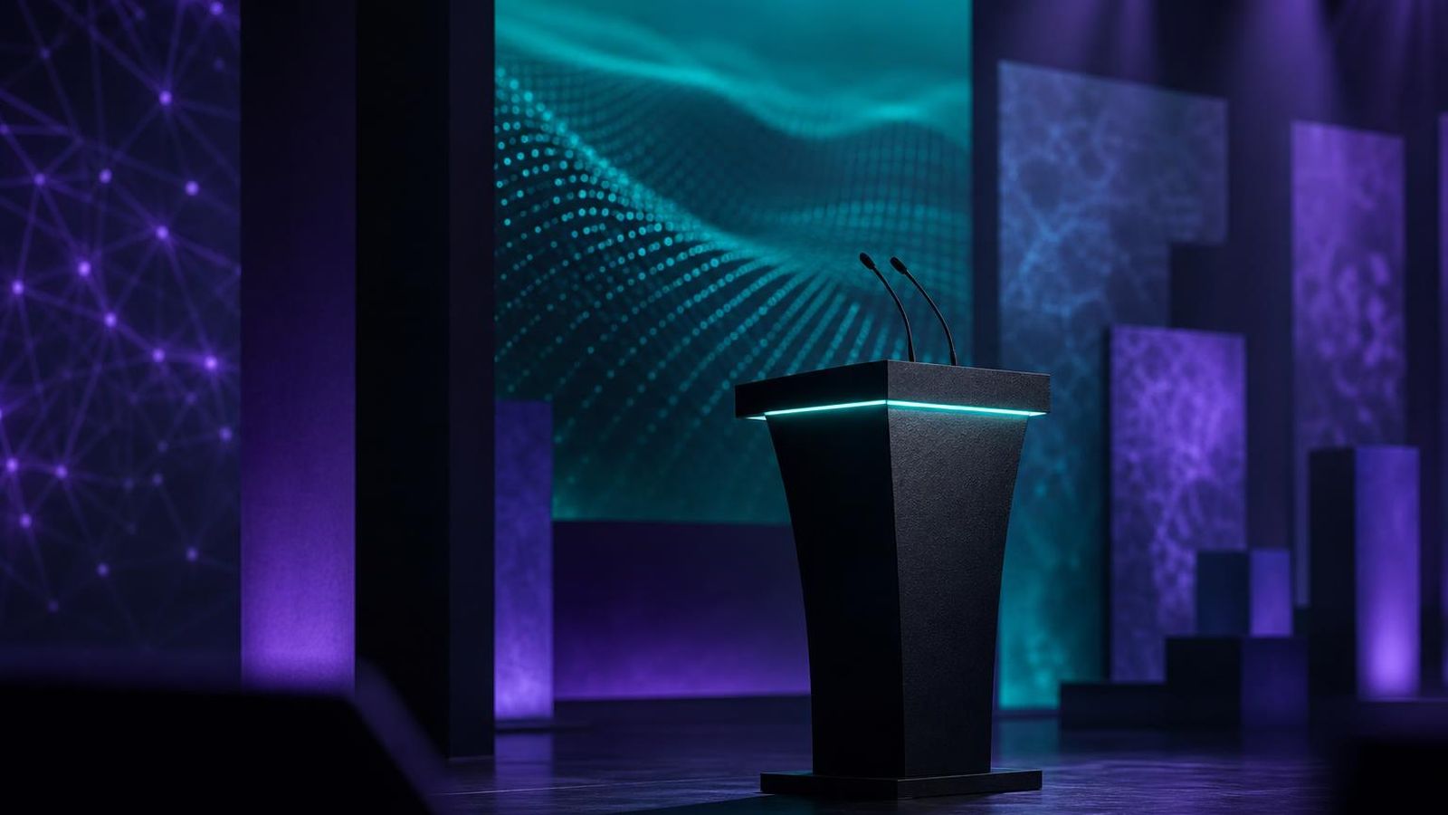 Editorial composition referencing a conference keynote setting