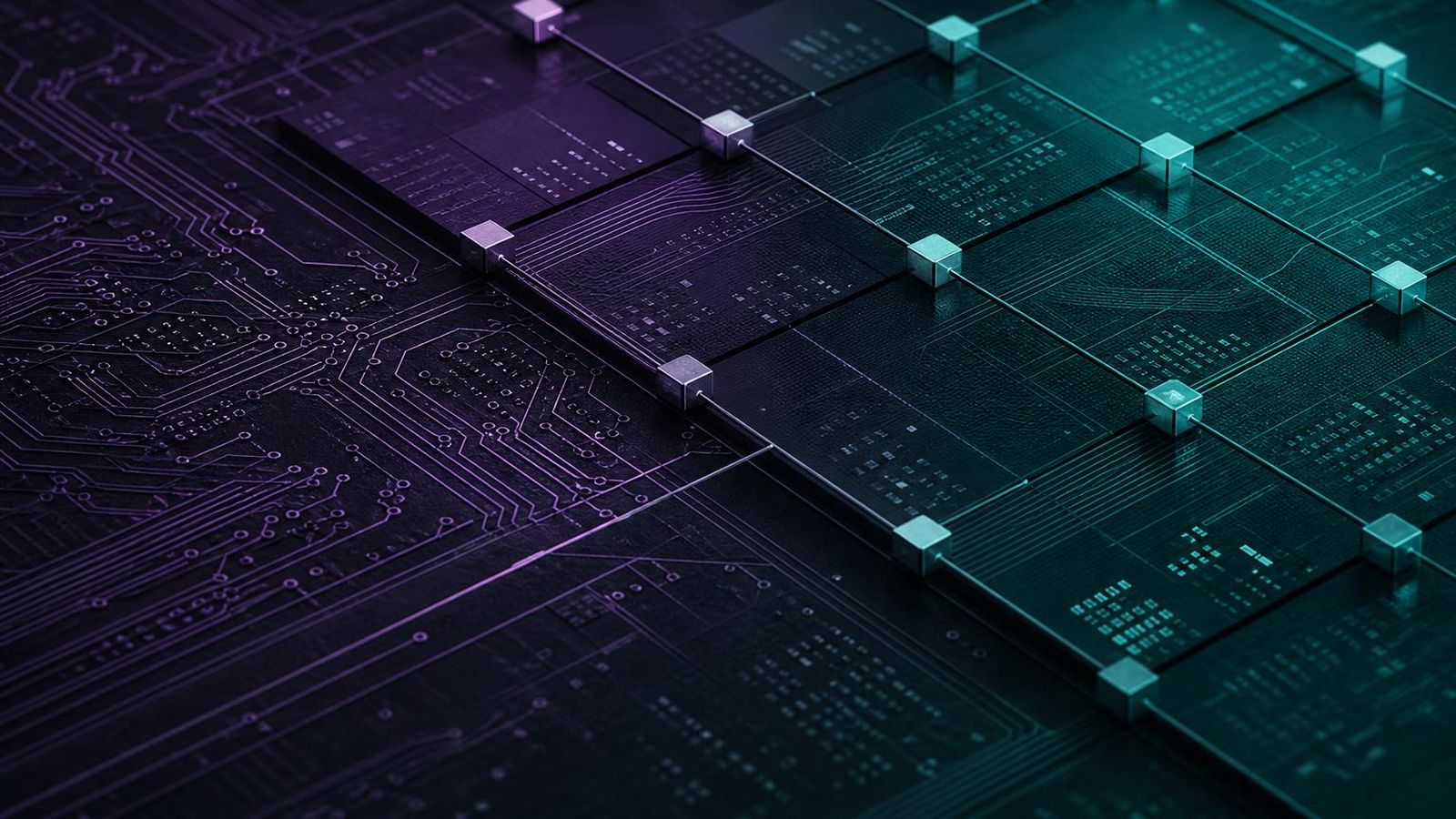 Layered abstract panels representing chained ledger architecture